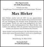 Traueranzeige Max Hicker