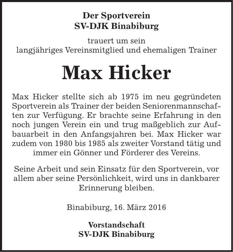 Traueranzeige Max Hicker