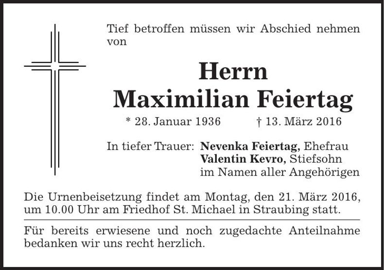 Traueranzeige Maximilian Feiertag