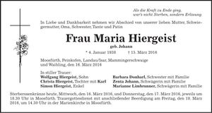 Traueranzeige Maria Hiergeist