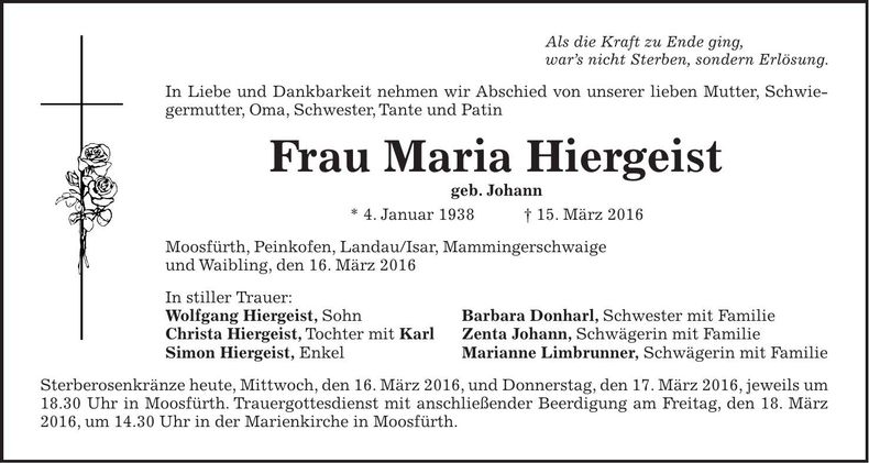 Traueranzeige Maria Hiergeist