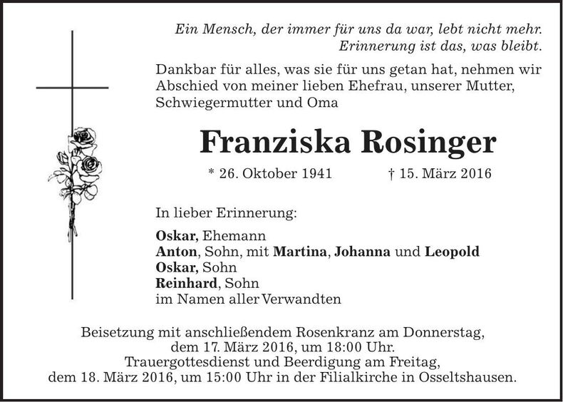 Traueranzeige Franziska Rosinger