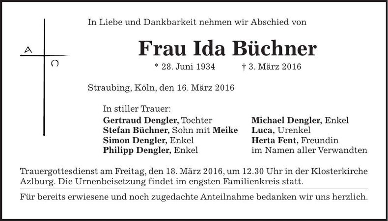 Traueranzeige Ida Büchner