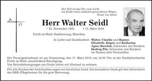 Traueranzeige Walter Seidl