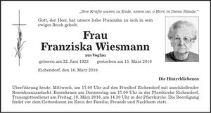 Traueranzeige Franziska Wiesmann