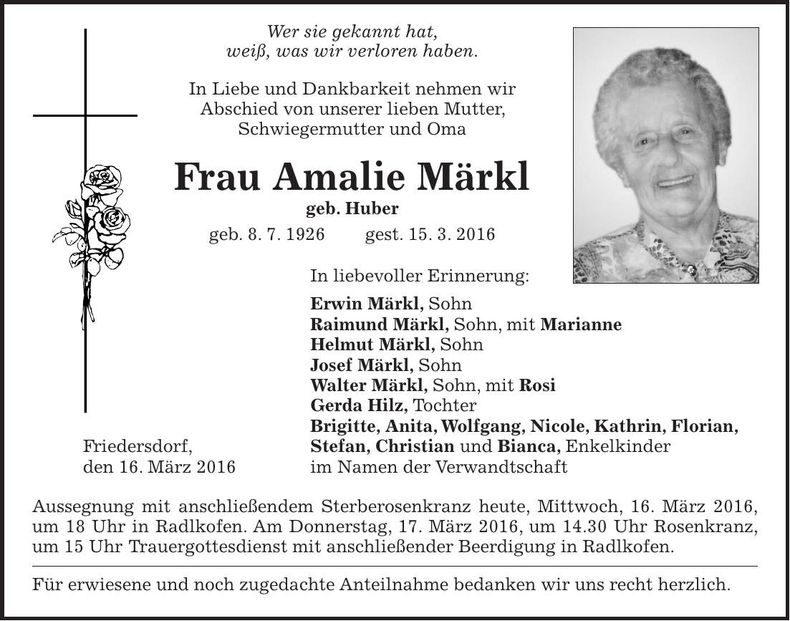 Traueranzeige Amalie Märkl