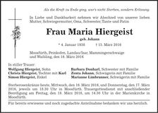 Traueranzeige Maria Hiergeist