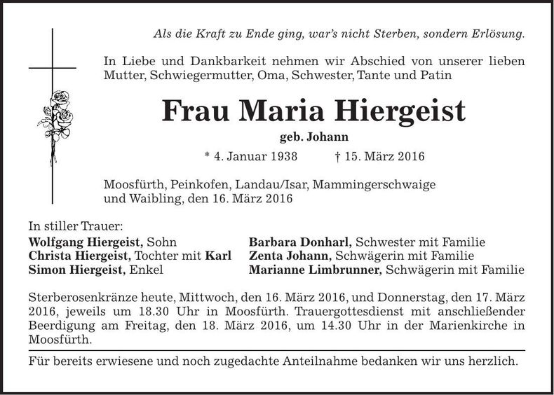 Traueranzeige Maria Hiergeist
