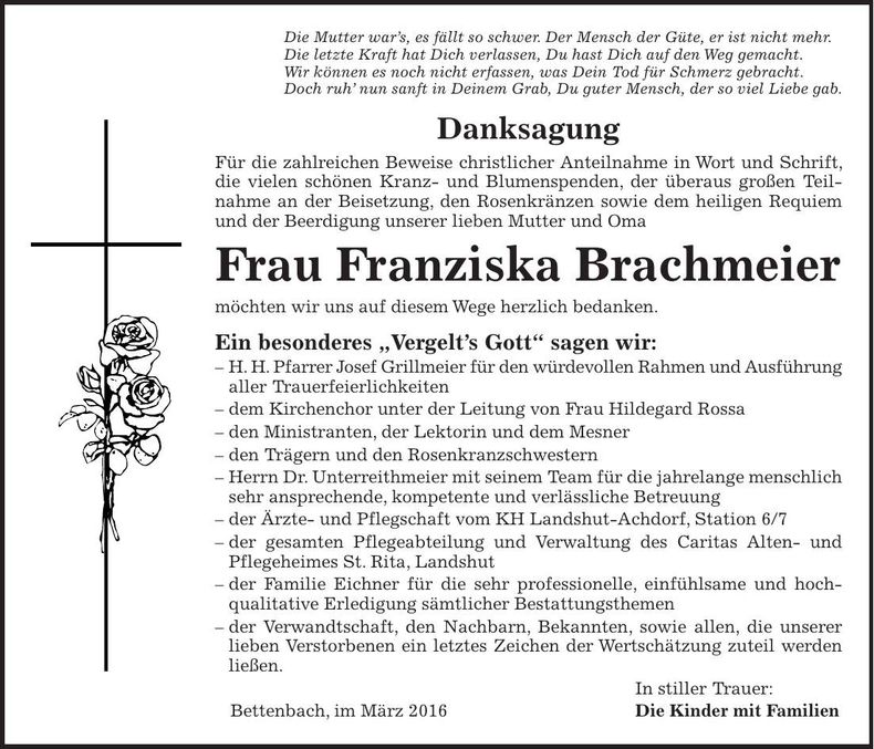 Traueranzeige Franziska Brachmeier