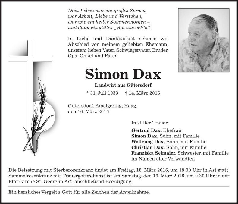 Traueranzeige Simon Dax