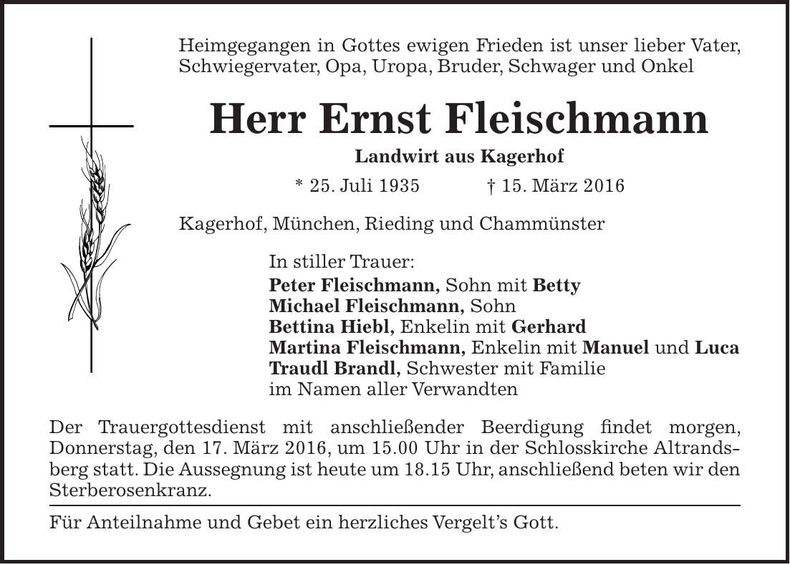 Traueranzeige Ernst Fleischmann
