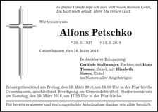 Traueranzeige Alfons Petschko