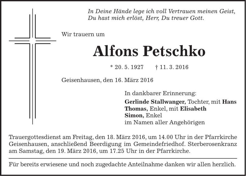 Traueranzeige Alfons Petschko