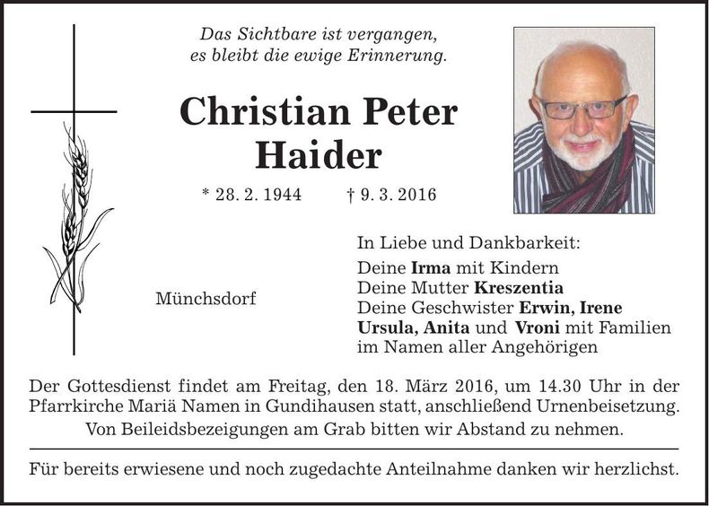 Traueranzeige Christian Peter Haider