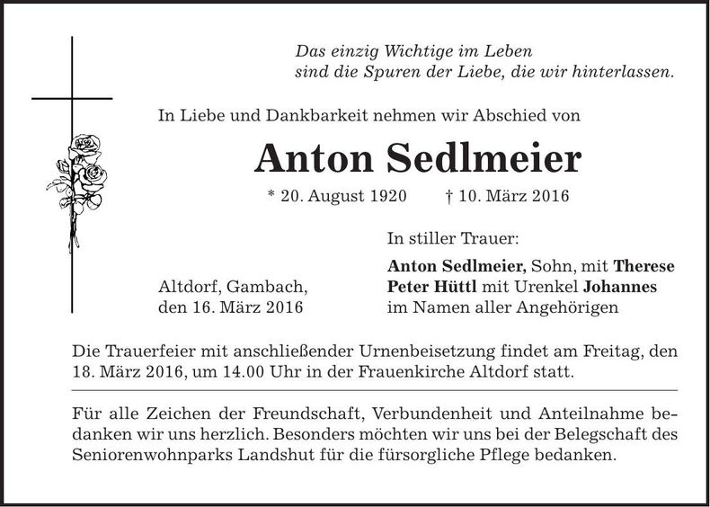Traueranzeige Anton Sedlmeier