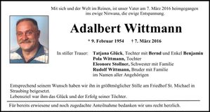 Traueranzeige Adalbert Wittmann