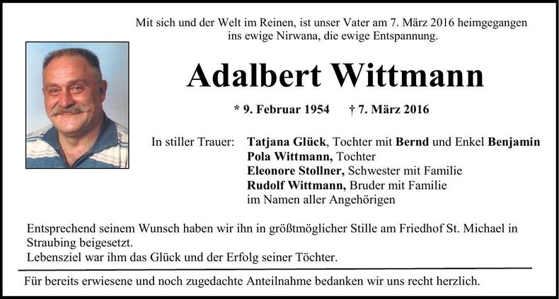 Traueranzeige Adalbert Wittmann