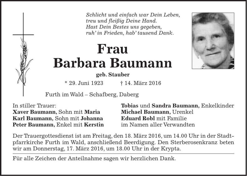 Traueranzeige Barbara Baumann