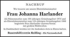 Traueranzeige Johanna Harlander