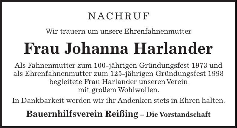 Traueranzeige Johanna Harlander