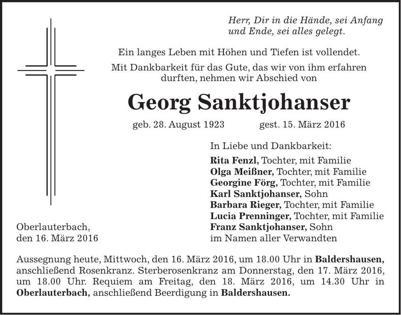 Traueranzeige Georg Sanktjohanser