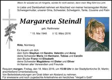 Traueranzeige Margareta Steindl