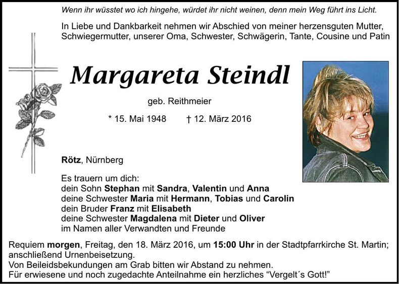 Traueranzeige Margareta Steindl