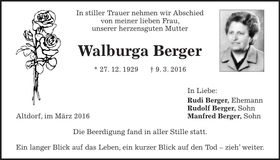 Traueranzeige Walburga Berger