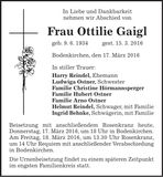Traueranzeige Ottilie Gaigl