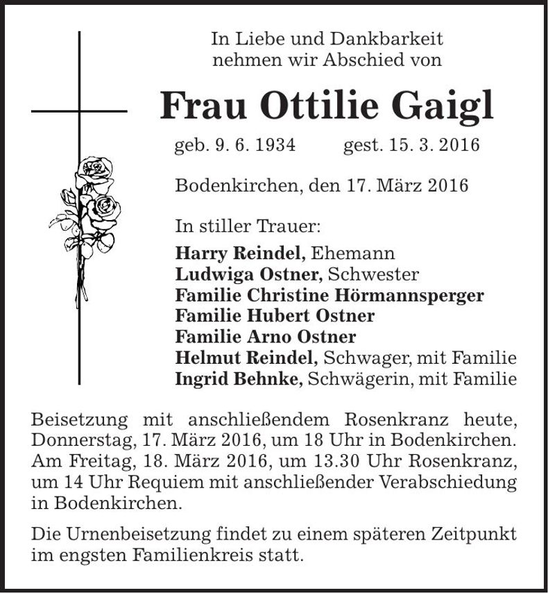 Traueranzeige Ottilie Gaigl