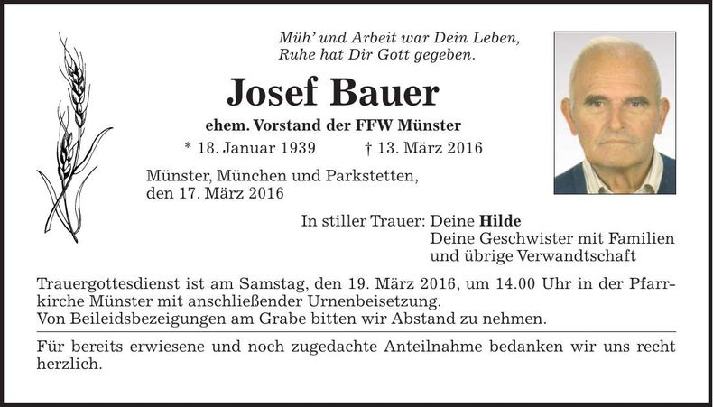 Traueranzeige Josef Bauer