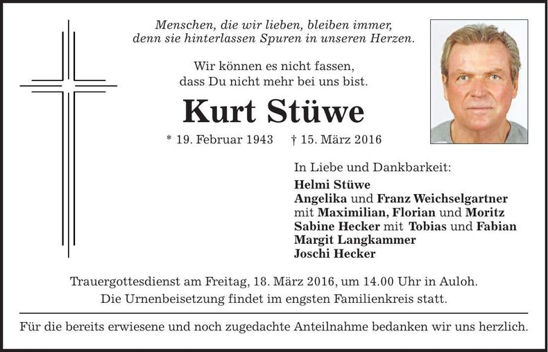 Traueranzeige Kurt Stüwe