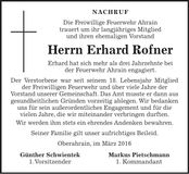 Traueranzeige Erhard Rofner
