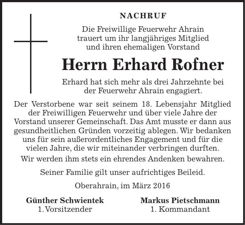 Traueranzeige Erhard Rofner