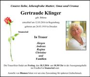 Traueranzeige Gertraude Klinger
