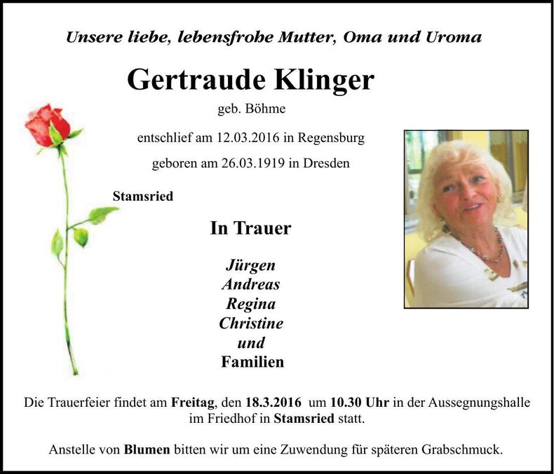Traueranzeige Gertraude Klinger