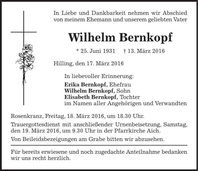Traueranzeige Wilhelm Bernkopf