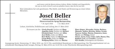 Traueranzeige Josef Beller