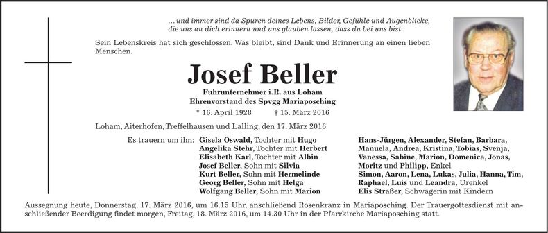 Traueranzeige Josef Beller