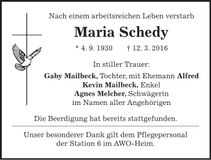 Traueranzeige Maria Schedy