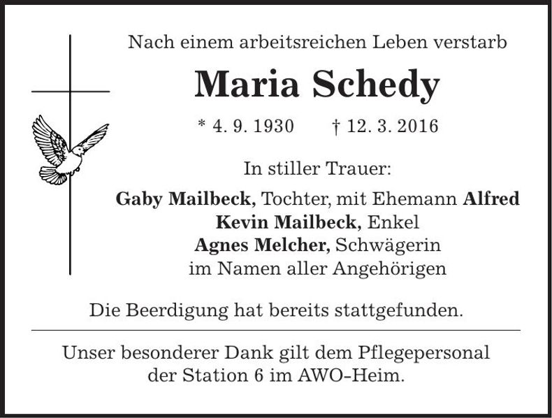 Traueranzeige Maria Schedy