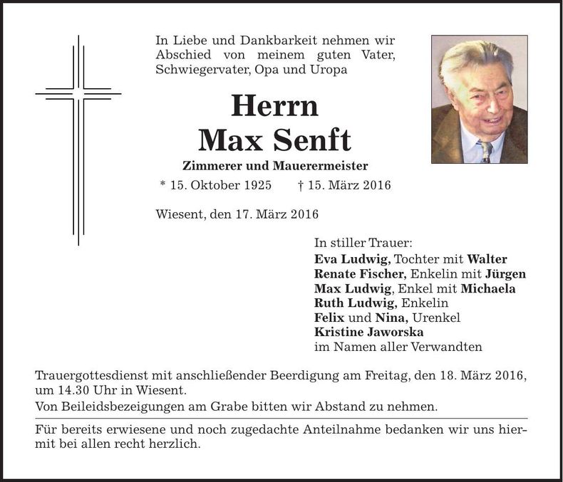 Traueranzeige Max Senft