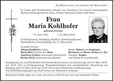 Traueranzeige Maria Kohlhofer
