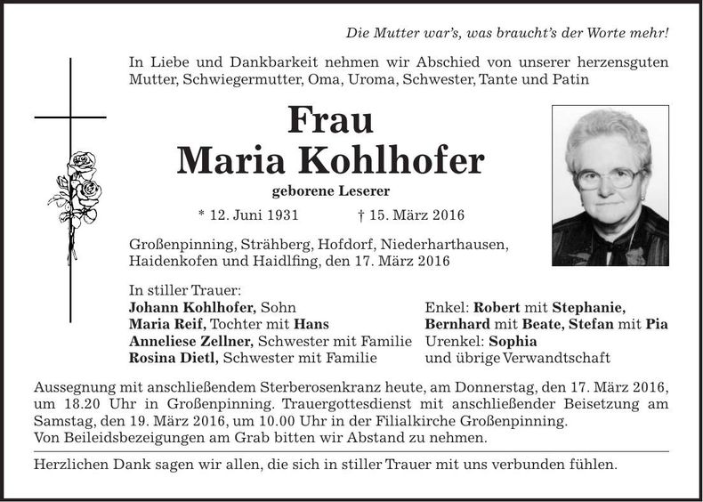 Traueranzeige Maria Kohlhofer
