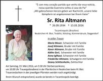 Traueranzeige Rita Sr.  Altmann