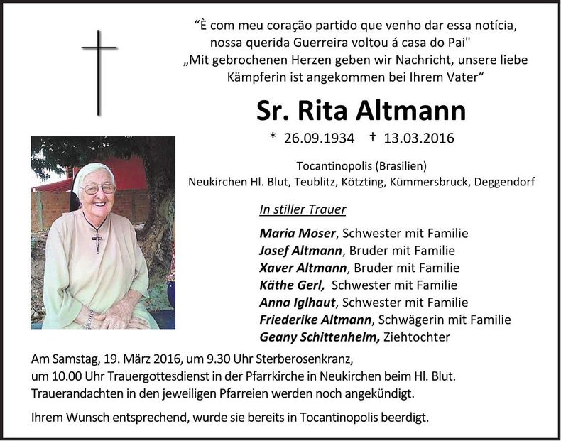 Traueranzeige Rita Sr.  Altmann