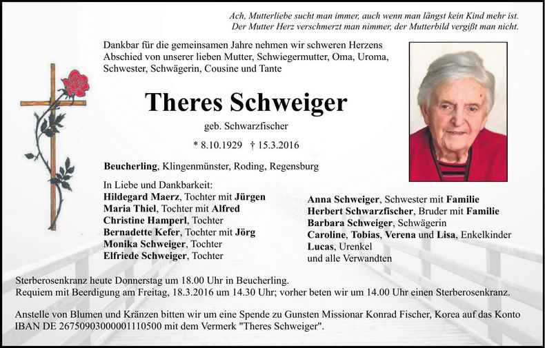 Traueranzeige Theres Schweiger