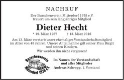Traueranzeige Dieter Hecht
