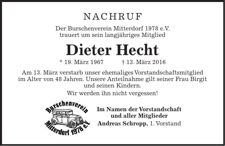 Traueranzeige Dieter Hecht