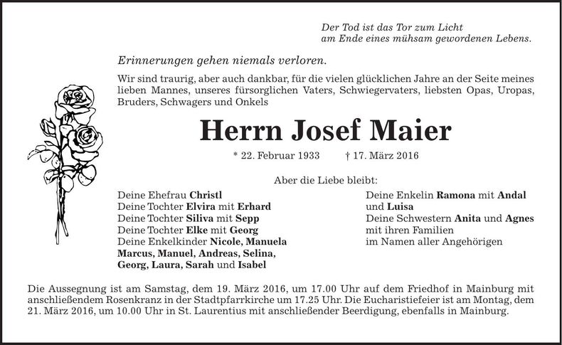 Traueranzeige Josef Maier